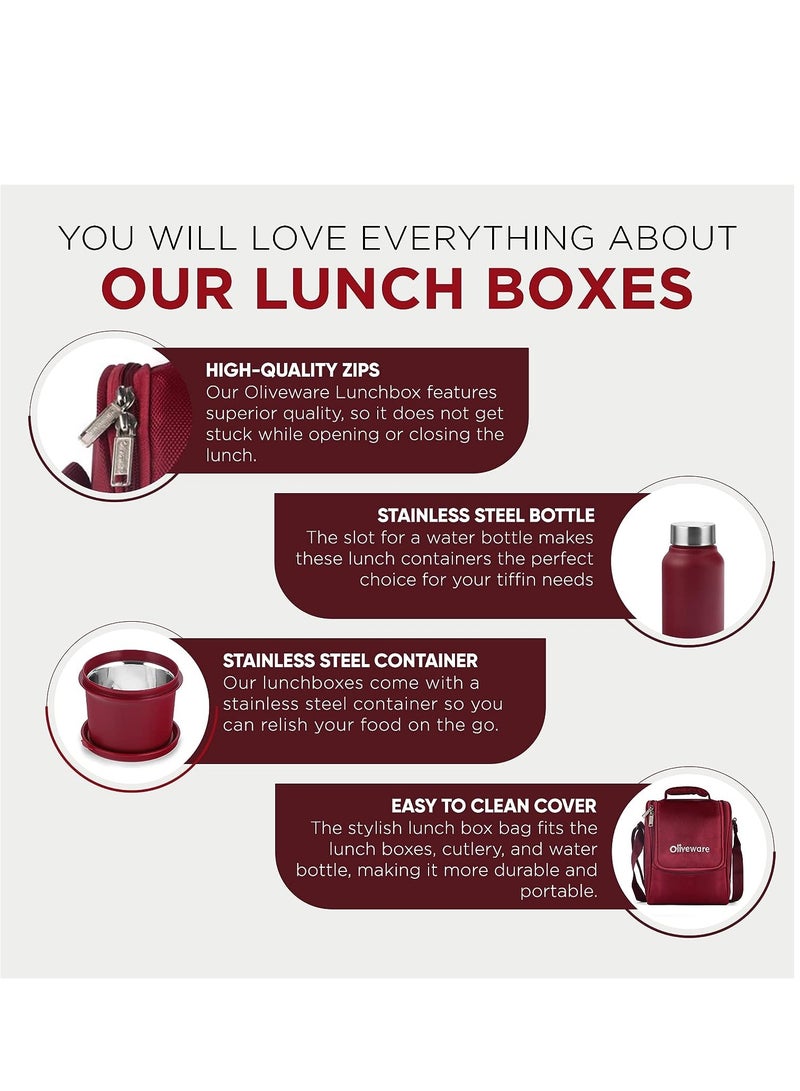 oliveware Teso Pro Lunch Box with Steel Cutlery, 3 Microwave Safe Inside Steel Containers with BPA free Lids, Plastic Pickle Box, Steel Water Bottle | Maroon - Image 2