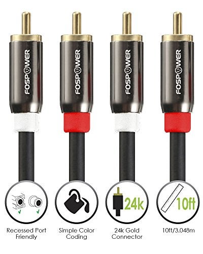 FosPower 2 RCA M/M Stereo Audio Cable [24K Gold Plated | Copper Core] 2RCA Male to 2RCA Male [Left/Right] Premium Sound Quality Plug - 10ft - Image 5