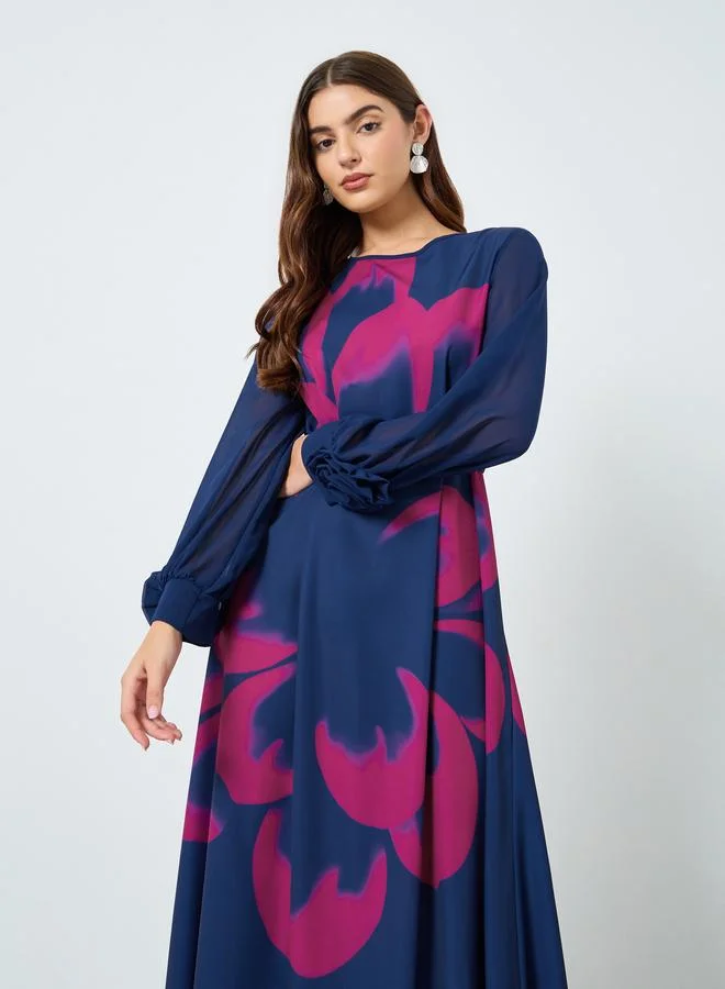 تايك تو فستان طويل بطبعة زهور وياقة دائرية مع حزام