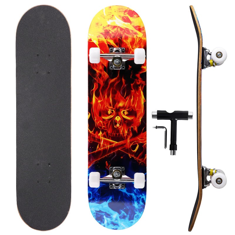 vigvitspo Professional Double Kick Skateboard, 31 inch Maple Deck, ABEC-9 Bearings, 95A PU Wheels, Custom Graphic Design (Cold fire, 31in) - Image 1