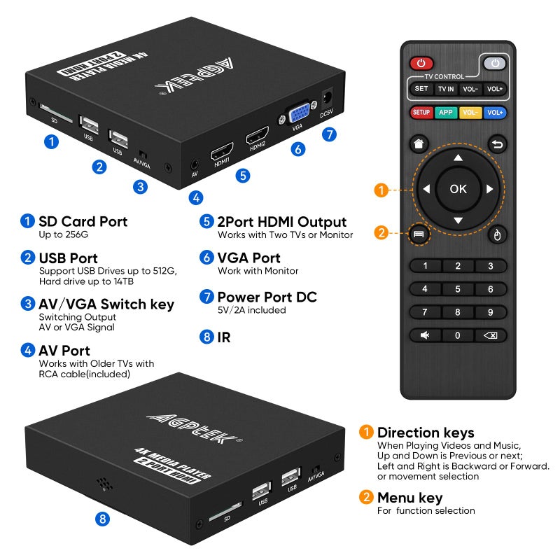 Mypin مشغل وسائط 4K@30Hz مع HDMI مزدوج، مخرج AV/VGA، مقسم HDMI 4K، مشغل MP4 رقمي لـ 14TB HDD/512G USB/256G بطاقة SD/H.265 MP4، جهاز تحكم عن بعد لـ MP3 AVI - Image 4