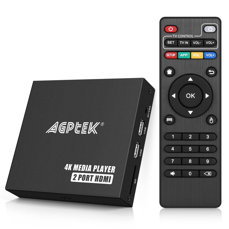 Mypin مشغل وسائط 4K@30Hz مع HDMI مزدوج، مخرج AV/VGA، مقسم HDMI 4K، مشغل MP4 رقمي لـ 14TB HDD/512G USB/256G بطاقة SD/H.265 MP4، جهاز تحكم عن بعد لـ MP3 AVI - Image 1