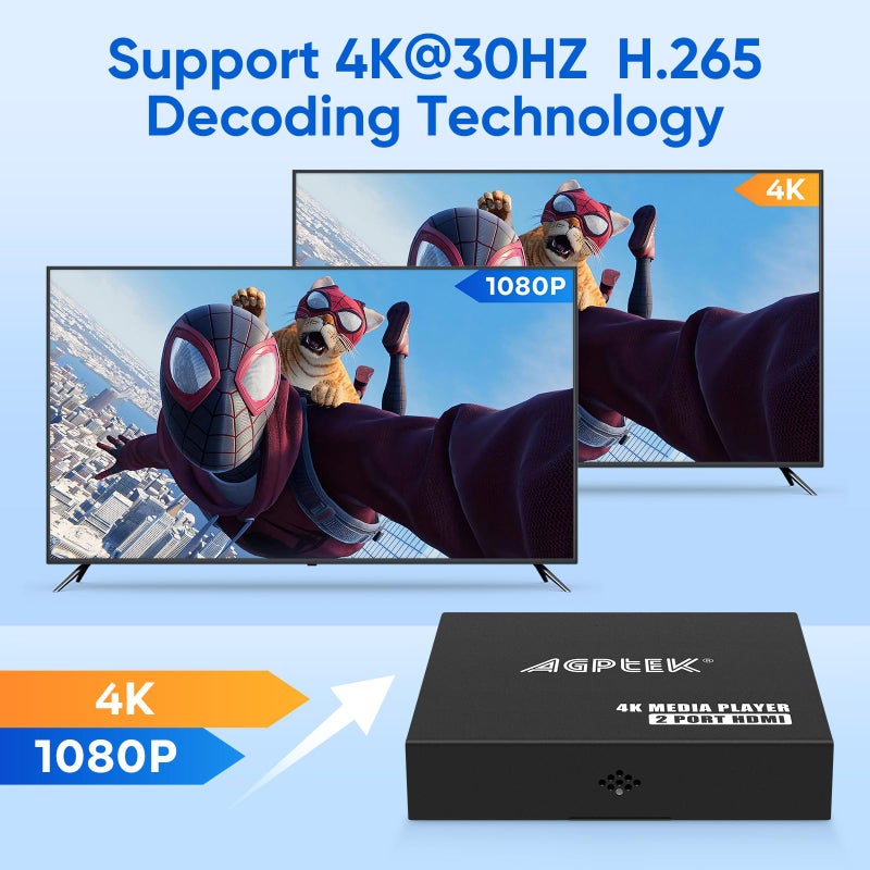 Mypin مشغل وسائط 4K@30Hz مع HDMI مزدوج، مخرج AV/VGA، مقسم HDMI 4K، مشغل MP4 رقمي لـ 14TB HDD/512G USB/256G بطاقة SD/H.265 MP4، جهاز تحكم عن بعد لـ MP3 AVI - Image 3