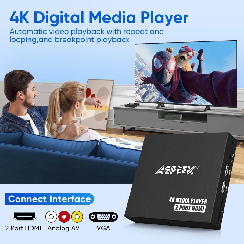 Mypin مشغل وسائط 4K@30Hz مع HDMI مزدوج، مخرج AV/VGA، مقسم HDMI 4K، مشغل MP4 رقمي لـ 14TB HDD/512G USB/256G بطاقة SD/H.265 MP4، جهاز تحكم عن بعد لـ MP3 AVI - Image 2
