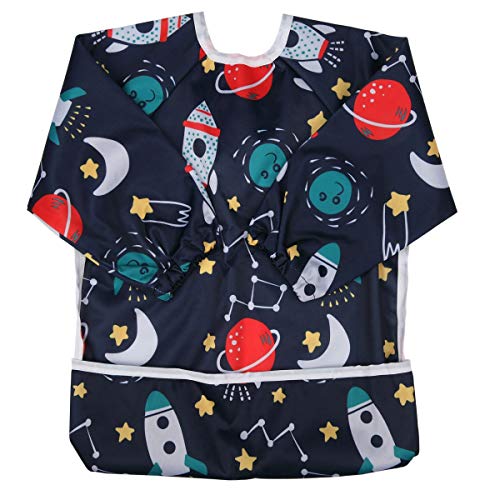 Sigzagor Baby Bib Sleeved Shirt With Pocket 1-3 years old Toddler Painting Drawing (Rocket) - Image 1