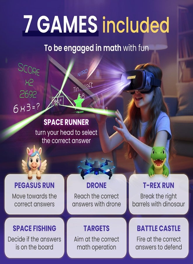 Heromask VR Headset + Math Games [Multiplication Subtraction etc] Virtual Games: Gift for Boys & Girls. Cool Educational Toys for Kids 5 6 7 8… Years Old. Virtual Reality Learning Resource Grade 1 2 3 4…8 - Image 4