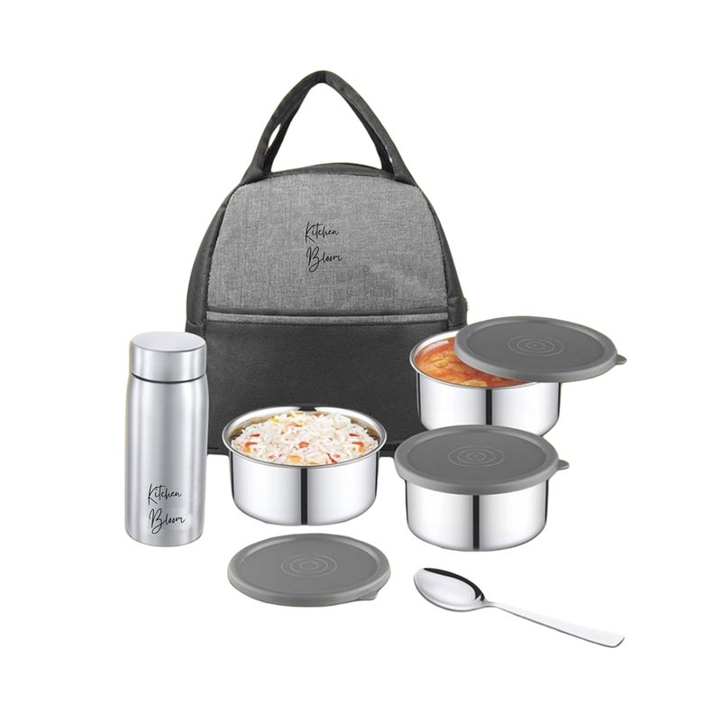 Kitchen Bloom Lunch Box Set 3 Steel Containers with Spoon Lunch Bag 250 ml Stainless Steel Bottle Stylish Lunch Box Corporate Gifts - Image 1