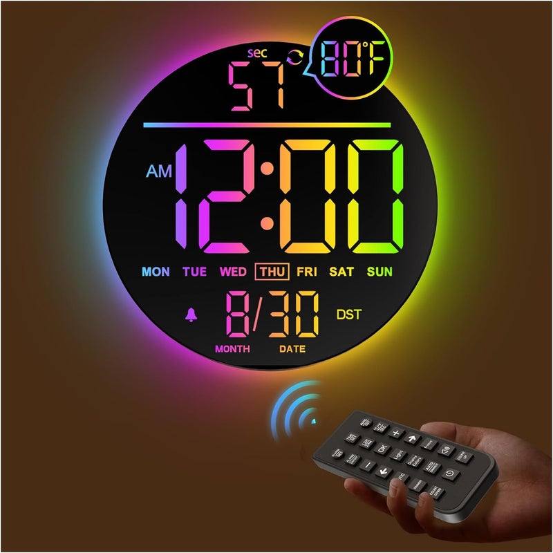 Jall 10" Large Digital Wall Clock with Seconds, Alarm Countdown Timer, Big LED Display, RGB Color, DST, Temperature, Mounted for Bedroom Living Room Office Classroom Gym, Xmas Birthday Gift, RGB - Image 1