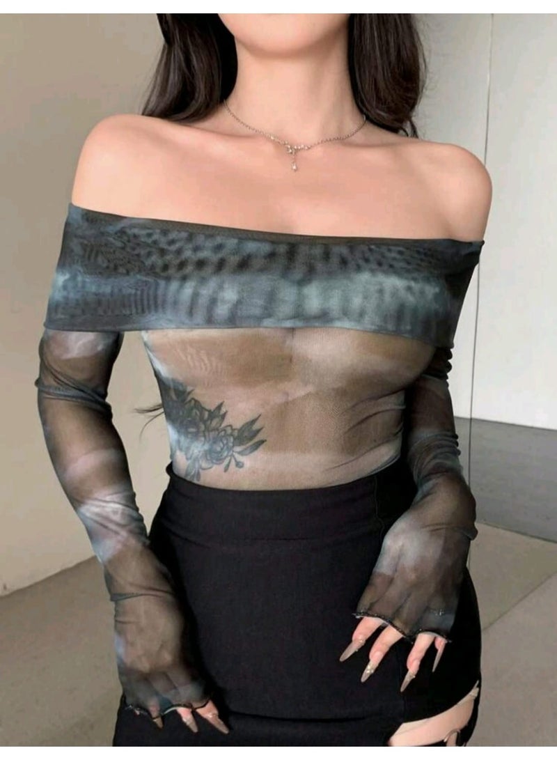 Dazy SHEIN Women's Off Shoulder Tie-Dye Mesh Long Sleeve Blouse Fall Women Clothes - Image 1