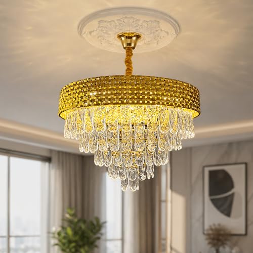 Desidiya LED 400MM Golden Netmesh Modern Chandelier Lights for Ceiling Living Room K9 Crystals Antique Jhumar Light for Hall Decoration, Luxury Ceiling Fixture Light for Living Room, Dining Room - Image 1