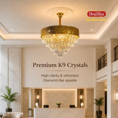 Desidiya LED 400MM Golden Netmesh Modern Chandelier Lights for Ceiling Living Room K9 Crystals Antique Jhumar Light for Hall Decoration, Luxury Ceiling Fixture Light for Living Room, Dining Room - Image 4