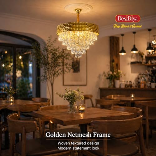 Desidiya LED 400MM Golden Netmesh Modern Chandelier Lights for Ceiling Living Room K9 Crystals Antique Jhumar Light for Hall Decoration, Luxury Ceiling Fixture Light for Living Room, Dining Room - Image 5