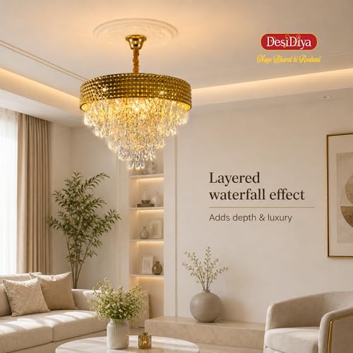 Desidiya LED 400MM Golden Netmesh Modern Chandelier Lights for Ceiling Living Room K9 Crystals Antique Jhumar Light for Hall Decoration, Luxury Ceiling Fixture Light for Living Room, Dining Room - Image 2