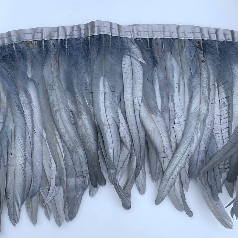 Sowder Rooster Hackle Feather Fringe Trim 8-10inch in Width for DIY Sewing Craft Decoration Pack of 1 Yard (Grey) - Image 1