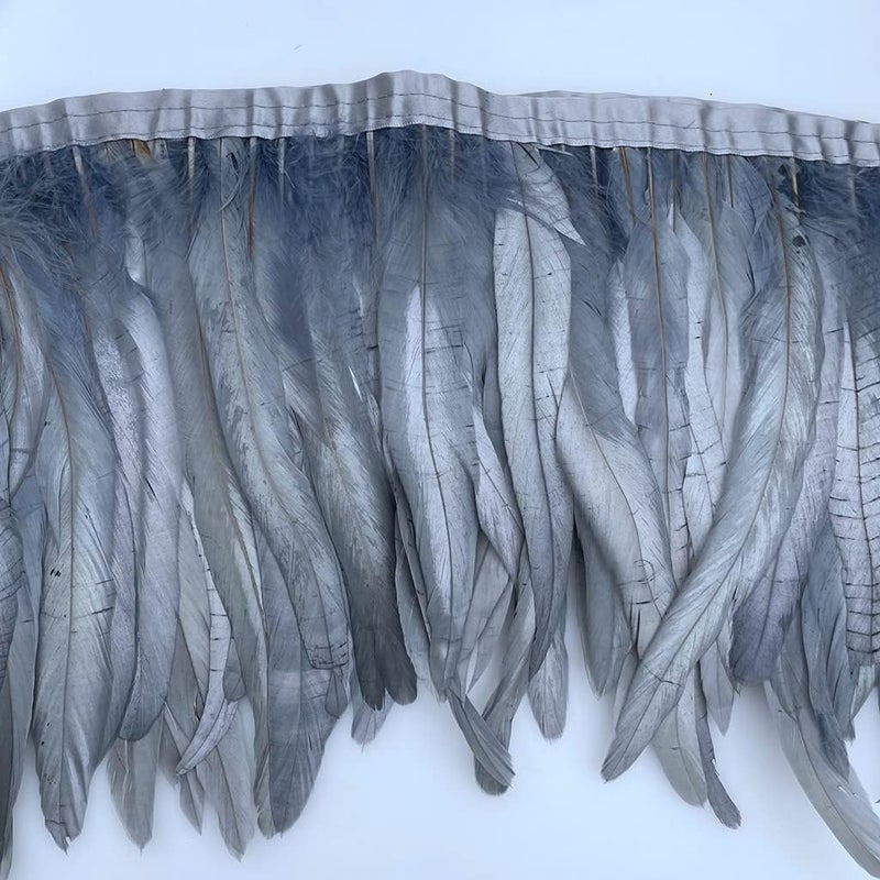 Sowder Rooster Hackle Feather Fringe Trim 8-10inch in Width for DIY Sewing Craft Decoration Pack of 1 Yard (Grey) - Image 2
