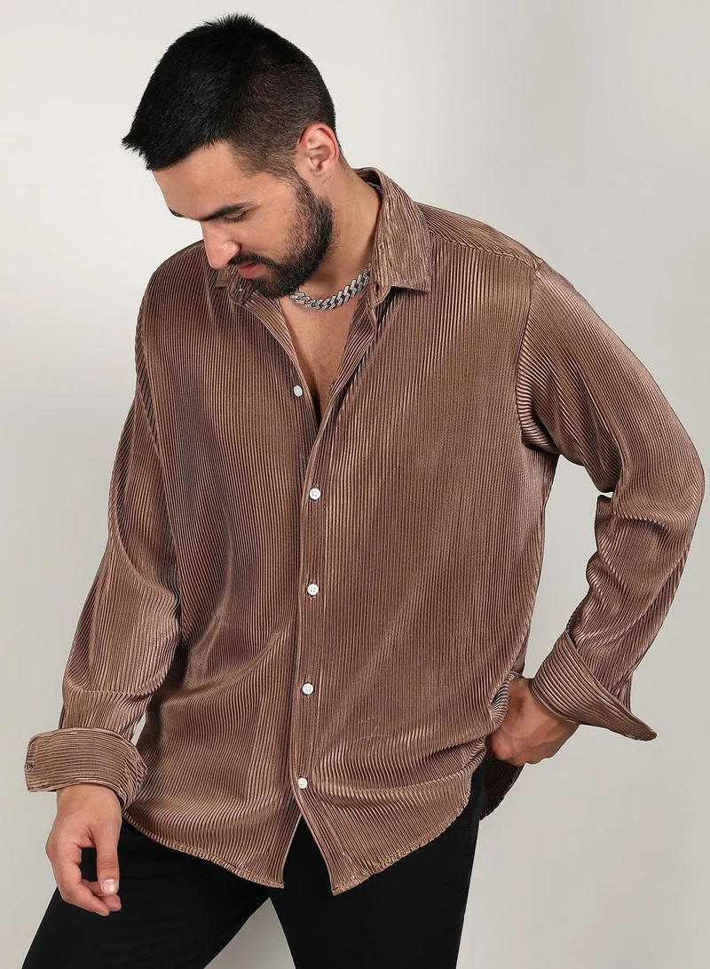 Campus Sutra  Men's Mocha Brown Pleat-Creased Shirt for Men | Best Price UAE
