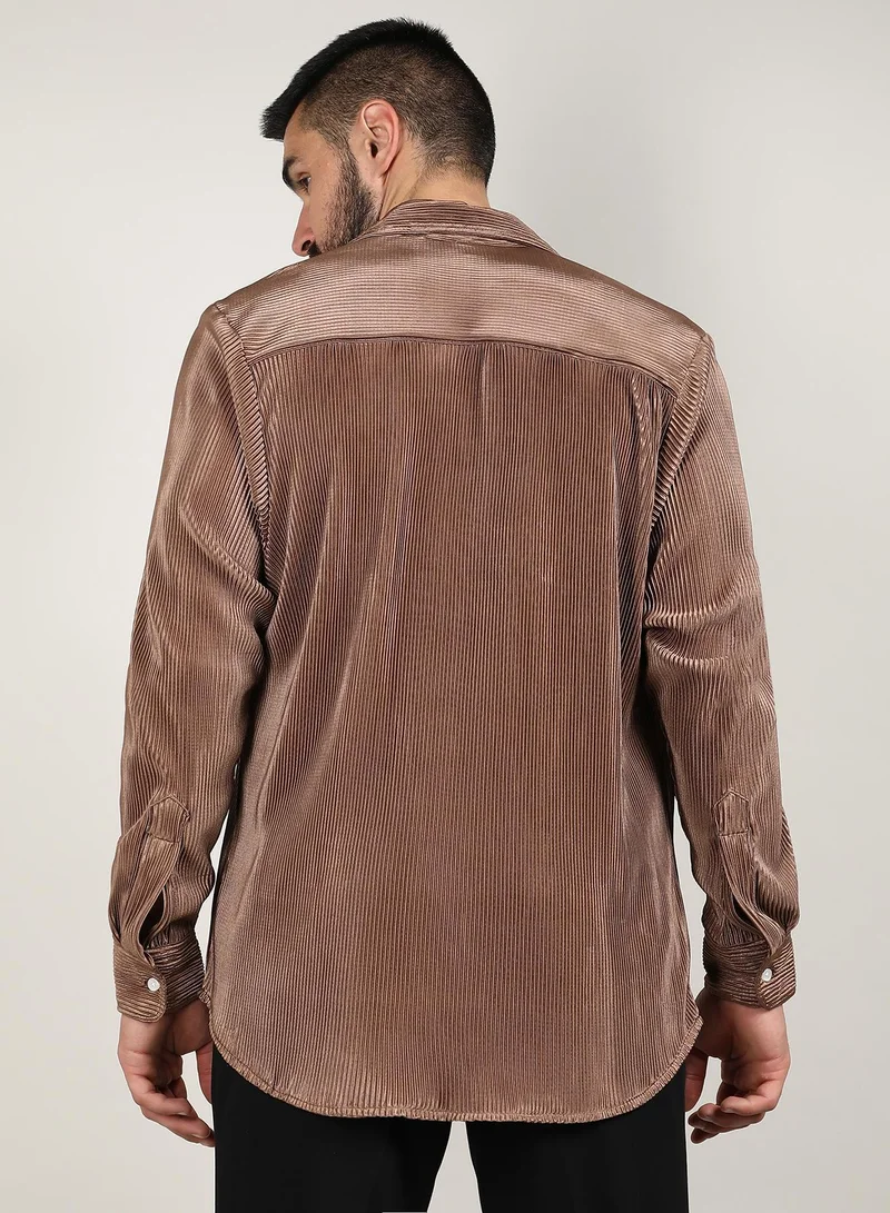 Campus Sutra  Men's Mocha Brown Pleat-Creased Shirt for Men | Best Price UAE