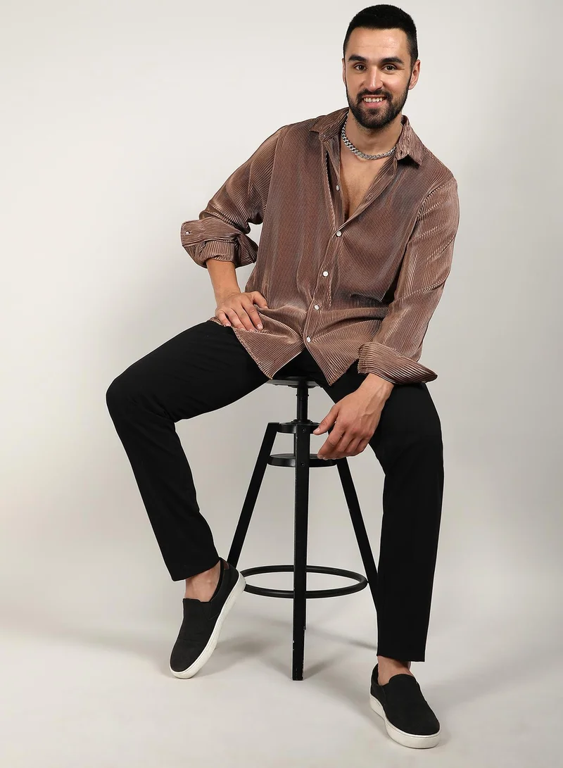 Campus Sutra  Men's Mocha Brown Pleat-Creased Shirt for Men | Best Price UAE