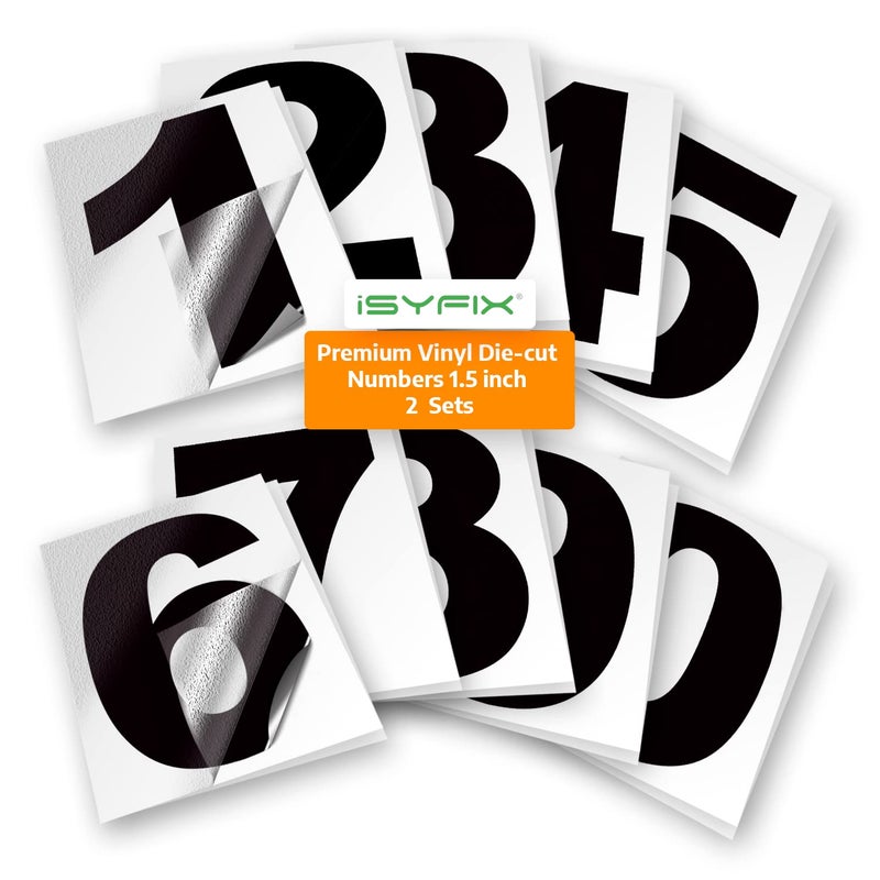 iSYFIX Black Vinyl Numbers Stickers â€“ 1.5 Inch Self Adhesive (2 Sets),Premium Decal Die Cut and Pre-Spaced for Mailbox, Signs, Window, Doors, Cars, Trucks, Homes, Address Numbers, Indoor or Outdoor - Image 1