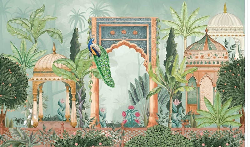 Backdropon ستارة خلفية بتصميم طاووس مع خلفية حديقة لتزيين البوجا ستارة خلفية تقليدية للمهرجان بحجم 5 أقدام ارتفاع و 8 أقدام عرض (5 * 8) - Image 1