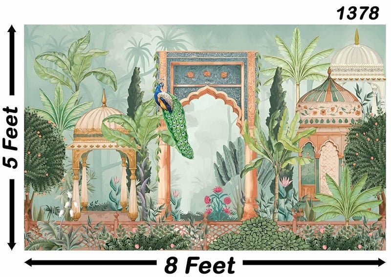 Backdropon ستارة خلفية بتصميم طاووس مع خلفية حديقة لتزيين البوجا ستارة خلفية تقليدية للمهرجان بحجم 5 أقدام ارتفاع و 8 أقدام عرض (5 * 8) - Image 3