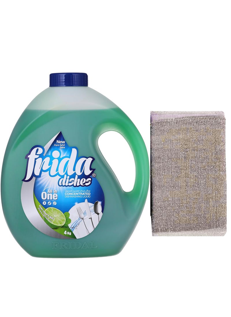 Frida Frida Dishwasing Liquid Green Lemon & Mint  4kg  + Sponge Multi color  - Image 1