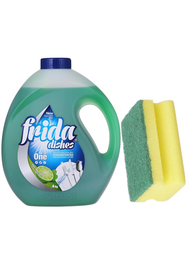 Frida Frida Dishwasing Liquid Green Lemon & Mint  4kg  + Sponge Multi color  - Image 3