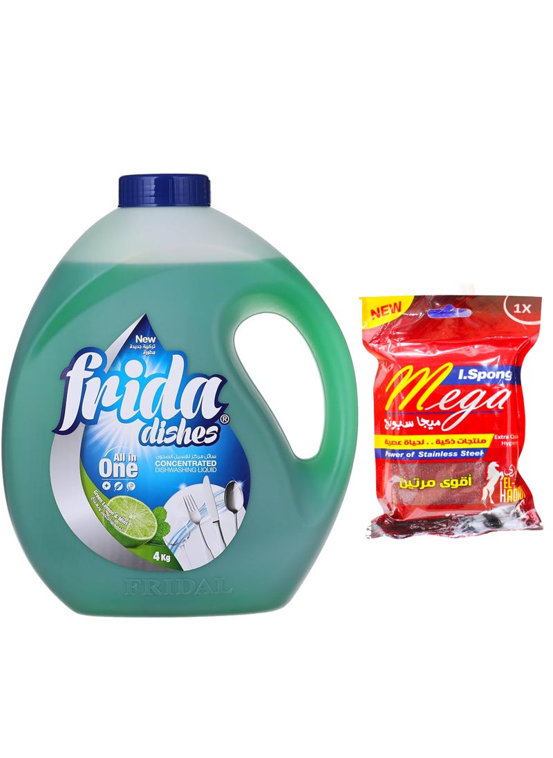 Frida Frida Dishwasing Liquid Green Lemon & Mint  4kg  + Sponge Multi color  - Image 2