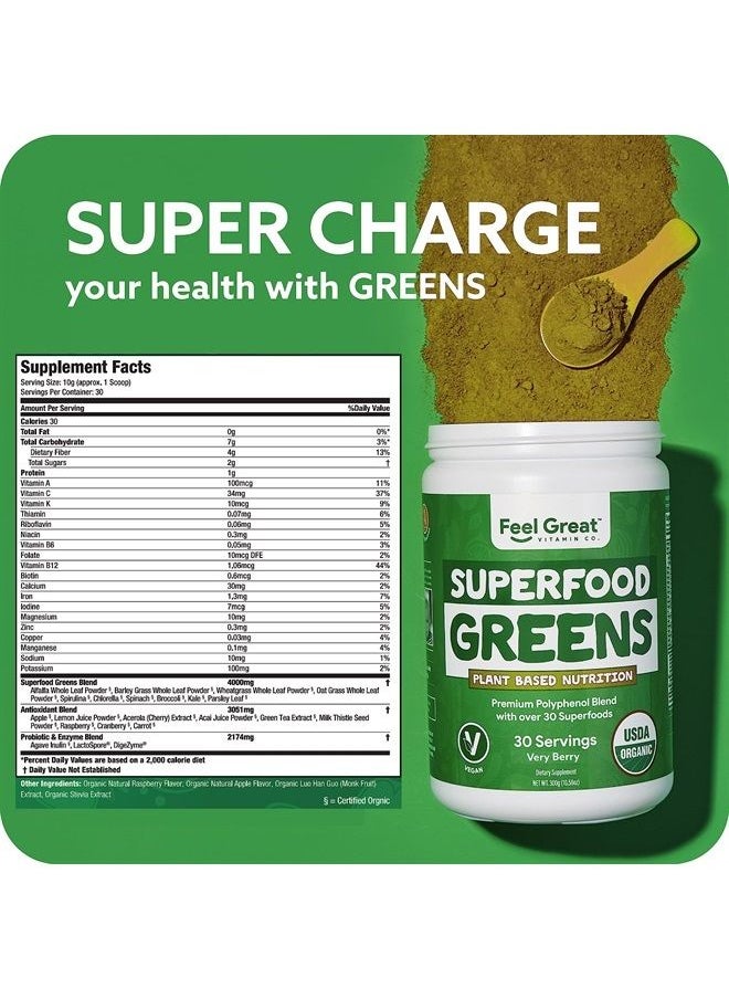 Feel Great 365 - Feel Great Vitamin Co. Superfood Greens - Premium Polyphenol Blend with Over 30 Greens and Superfoods, Green Superfood Powder with Powdered Vegetables, Organic Greens & Fruits, Very Berry - Image 1