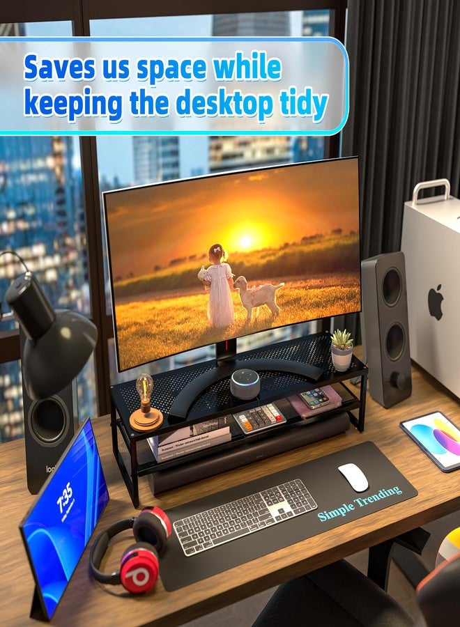 Simple Trending 2-Tier Metal Dual Monitor Stand Riser,Computer Office Desktop Organizer for 2 Monitors With 32"x10" Mouse Pad ,for Laptop,Printer,TV,Black - Image 2