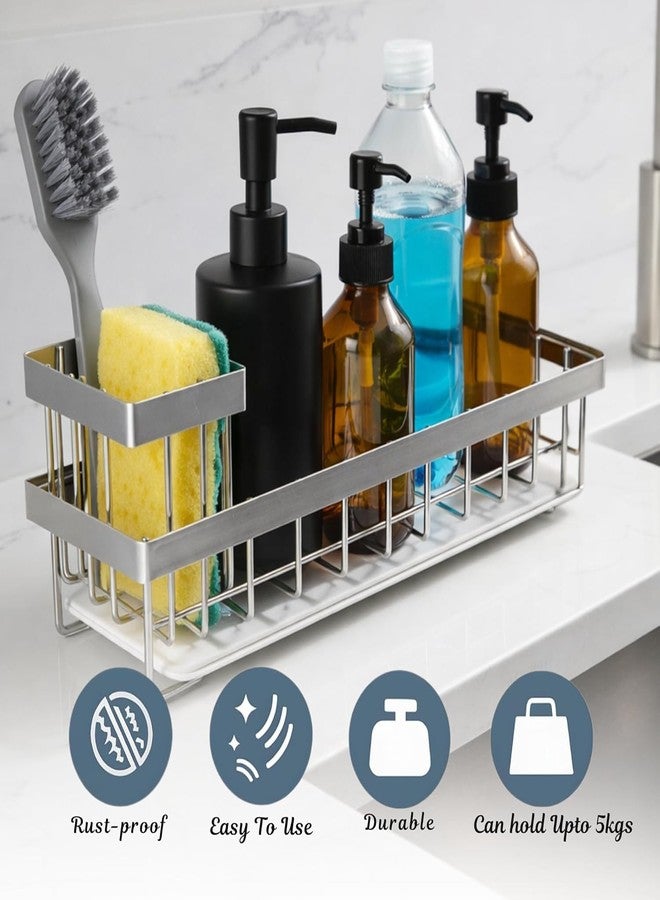Xacton Stainless Steel Kitchen Sink Organizer with Detachable Brush Holder & Drain Tray | Rust Resistant Countertop Sink Caddy | Wall Mounted Self Adhesive Soap & Scrubber Storage Rack - Image 4