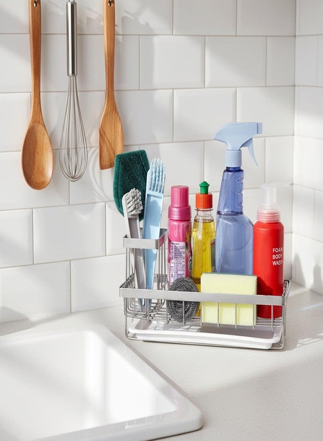 Xacton Stainless Steel Kitchen Sink Organizer with Detachable Brush Holder & Drain Tray | Rust Resistant Countertop Sink Caddy | Wall Mounted Self Adhesive Soap & Scrubber Storage Rack - Image 5