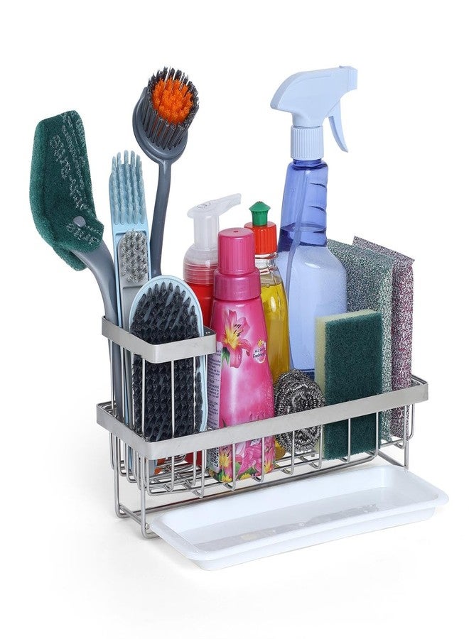 Xacton Stainless Steel Kitchen Sink Organizer with Detachable Brush Holder & Drain Tray | Rust Resistant Countertop Sink Caddy | Wall Mounted Self Adhesive Soap & Scrubber Storage Rack - Image 1