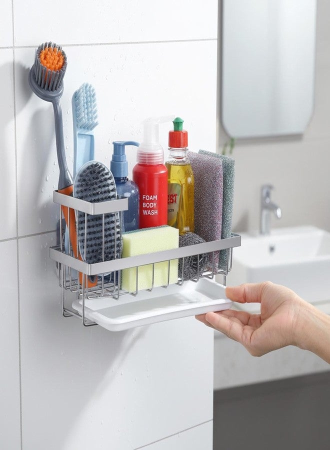 Xacton Stainless Steel Kitchen Sink Organizer with Detachable Brush Holder & Drain Tray | Rust Resistant Countertop Sink Caddy | Wall Mounted Self Adhesive Soap & Scrubber Storage Rack - Image 3