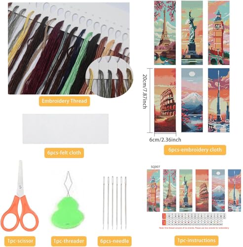 NEGEKFKX 6 Pcs Cityscape Cross Stitch Bookmark Kit for Adult Beginners,Famous Buildings Cross Stitch Kits 14 CT DIY Crossstitch Kits Adult Stamped Bookmark Embroidery Bookmarks Kit - Image 2
