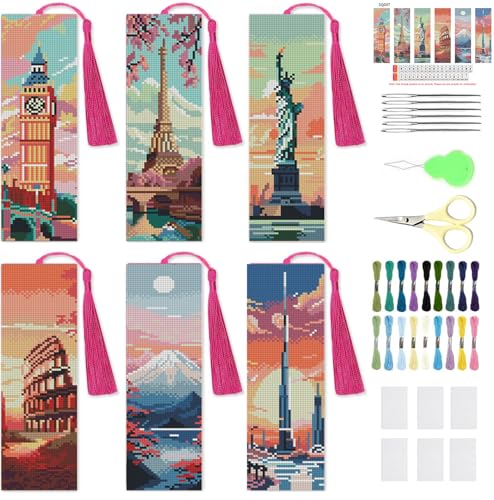 NEGEKFKX 6 Pcs Cityscape Cross Stitch Bookmark Kit for Adult Beginners,Famous Buildings Cross Stitch Kits 14 CT DIY Crossstitch Kits Adult Stamped Bookmark Embroidery Bookmarks Kit - Image 1