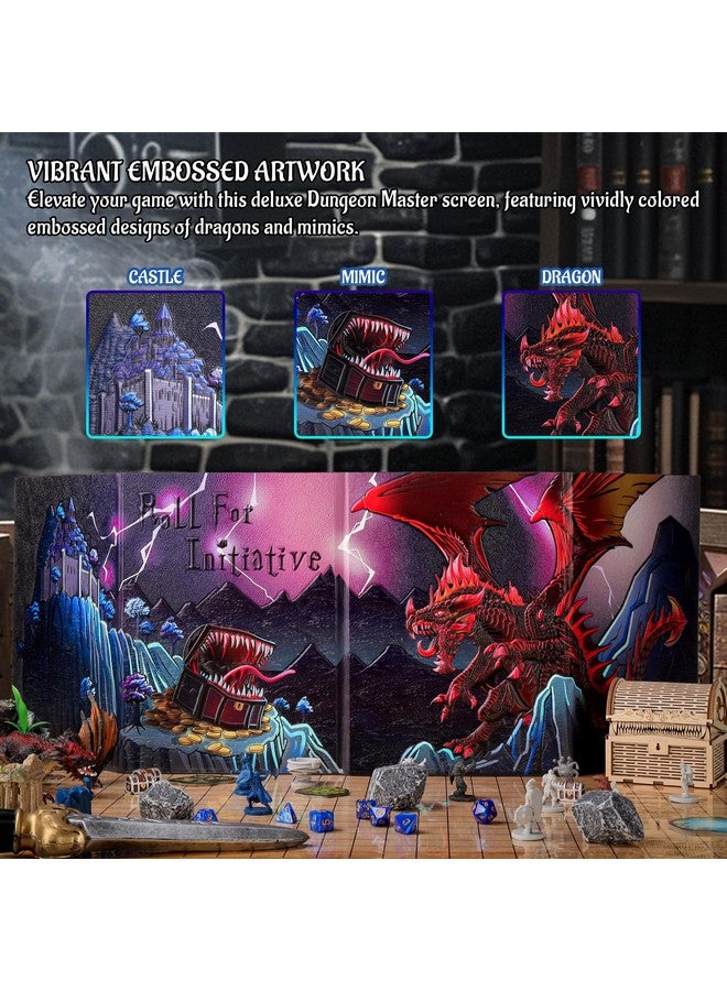 CZYY Dnd Dm Screen Deluxe Edition: Colorfully Embossed Dragon & Mimic, Four-Panel With Pockets Dungeon Master Screen For Dungeons And Dragon, Pathfinder, DD  - Image 2