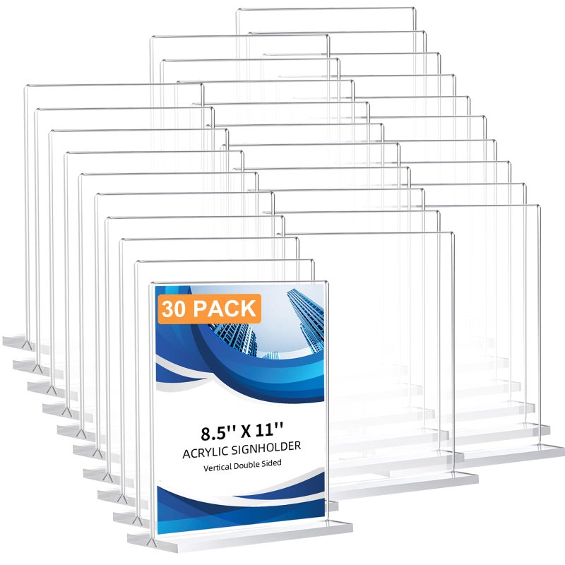 DECOHOBO 30 Pack Acrylic Sign Holder 8.5 x 11, Double-Sided Clear Sign Holder Plastic Stands for Display, T Shape Acrylic Table Sign Stands for Office Store Restaurants Wedding Party Decoration - Image 1