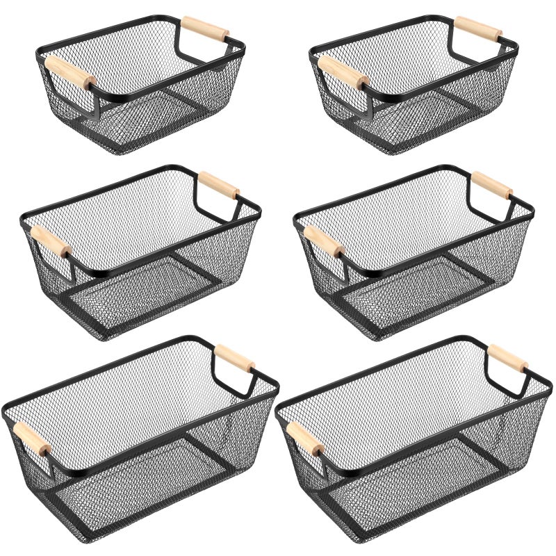 Maxcheck 6 Pack 3 Size Metal Wire Baskets with Wooden Handles Black Steel Mesh Storage Dog Toys Bins Organizer Containers for Home Pet Toys Storage Cabinets Pantry Closet Kitchen Makeup Rectangle - Image 1