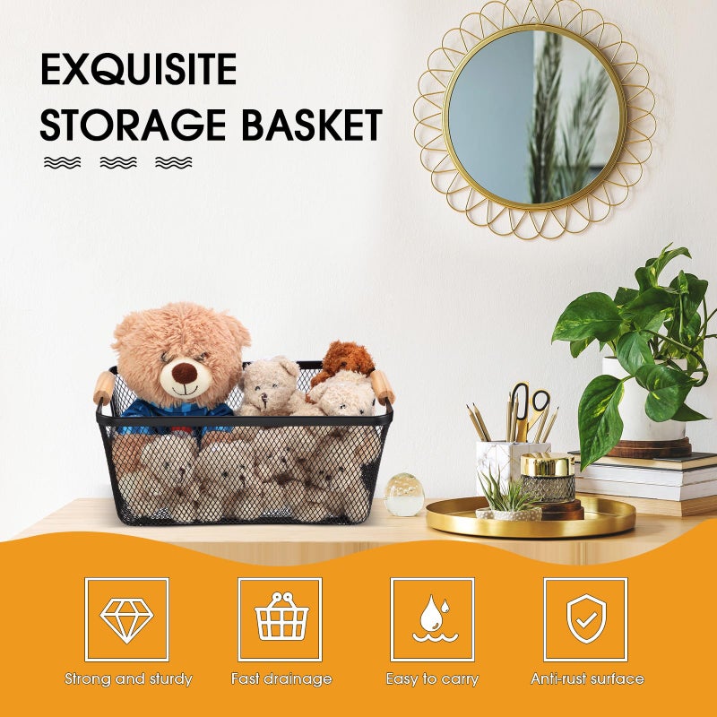 Maxcheck 6 Pack 3 Size Metal Wire Baskets with Wooden Handles Black Steel Mesh Storage Dog Toys Bins Organizer Containers for Home Pet Toys Storage Cabinets Pantry Closet Kitchen Makeup Rectangle - Image 3