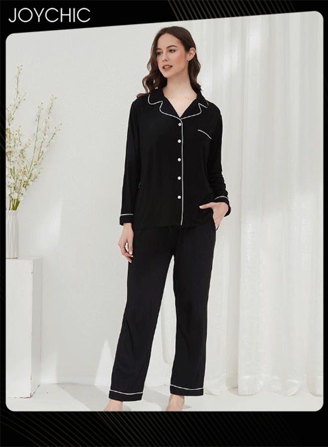 Joychic 2-piece Classic Spring and Summer Autumn Pajamas Modal Skin-friendly Loose Women Nightgown Casual Shirt Collar Long-sleeved Home Clothes Loungewear Black - Image 1