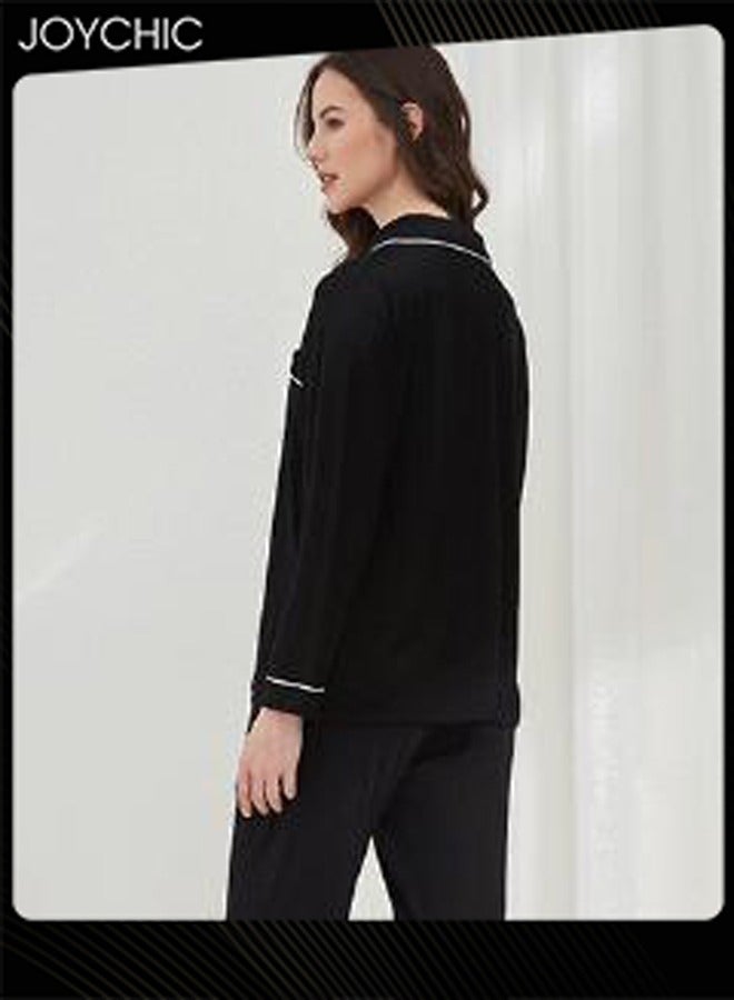 Joychic 2-piece Classic Spring and Summer Autumn Pajamas Modal Skin-friendly Loose Women Nightgown Casual Shirt Collar Long-sleeved Home Clothes Loungewear Black - Image 3