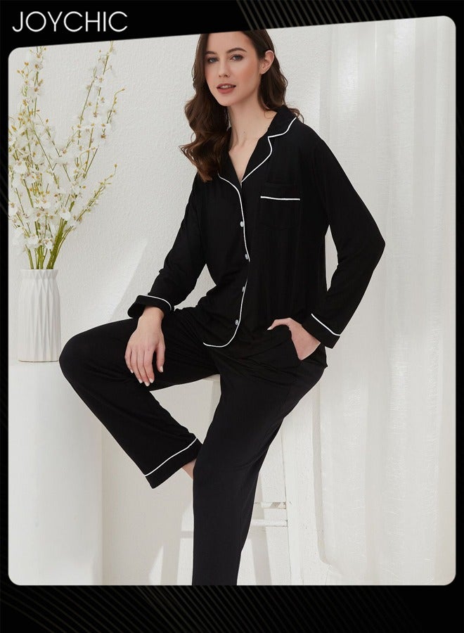 Joychic 2-piece Classic Spring and Summer Autumn Pajamas Modal Skin-friendly Loose Women Nightgown Casual Shirt Collar Long-sleeved Home Clothes Loungewear Black - Image 2