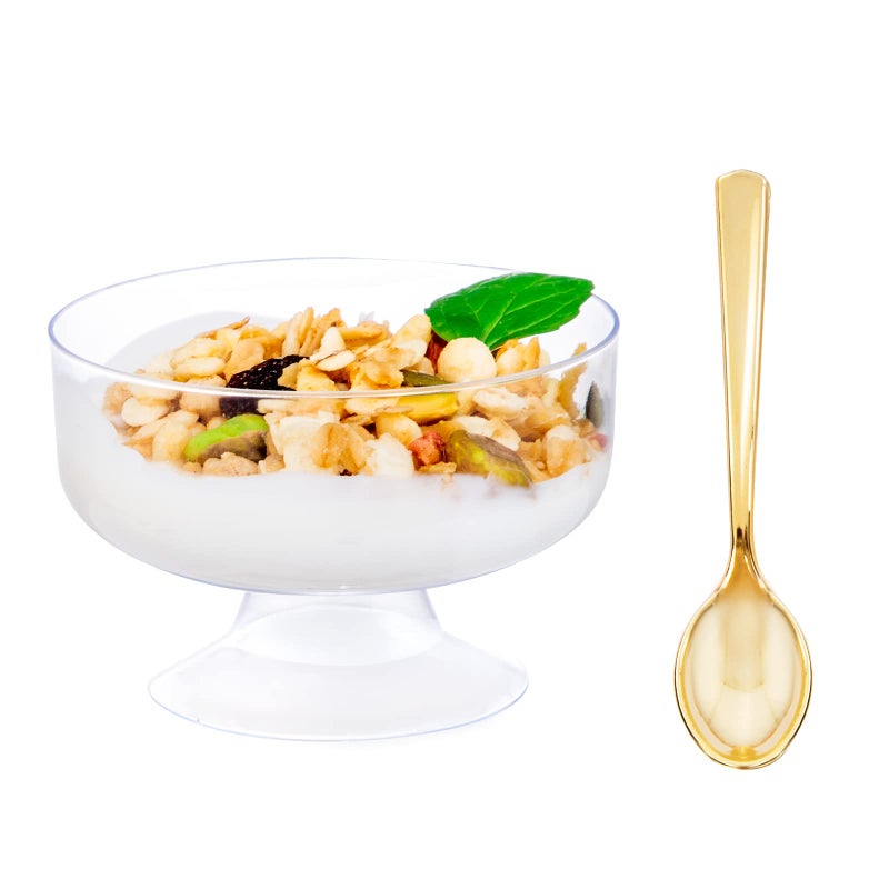WDF 7oz Clear Dessert Cups Disposable - 96 Pack Dessert Cups With Mini Gold Spoons Plastic Parfait Cups Medium to Large 48 Ice Cream Plastic Cups & 48 Gold Tasting Spoons for Weddings & Party - Image 1