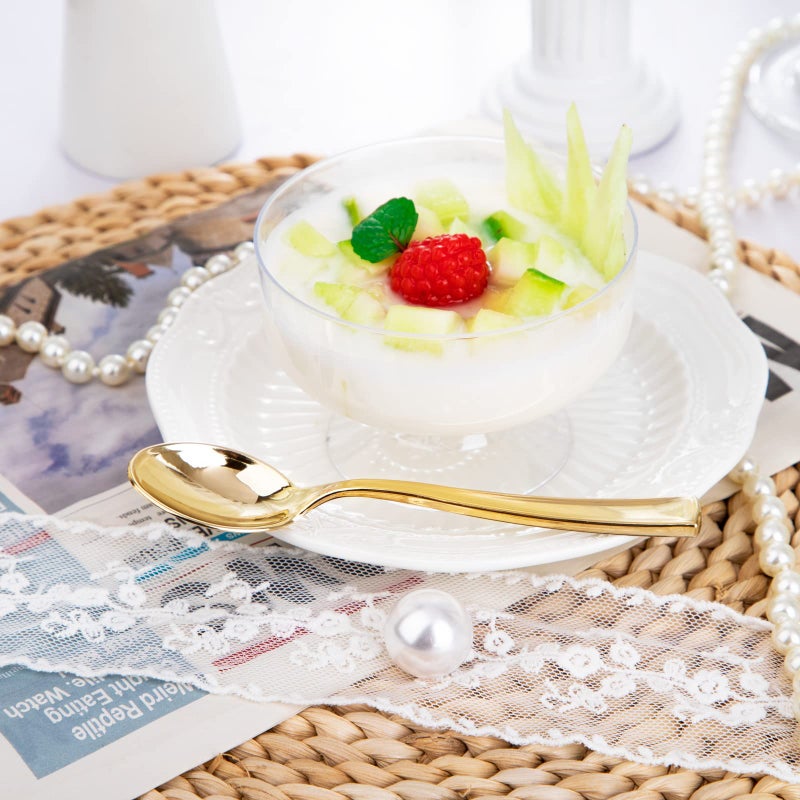 WDF 7oz Clear Dessert Cups Disposable - 96 Pack Dessert Cups With Mini Gold Spoons Plastic Parfait Cups Medium to Large 48 Ice Cream Plastic Cups & 48 Gold Tasting Spoons for Weddings & Party - Image 2