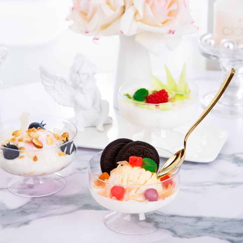 WDF 7oz Clear Dessert Cups Disposable - 96 Pack Dessert Cups With Mini Gold Spoons Plastic Parfait Cups Medium to Large 48 Ice Cream Plastic Cups & 48 Gold Tasting Spoons for Weddings & Party - Image 5
