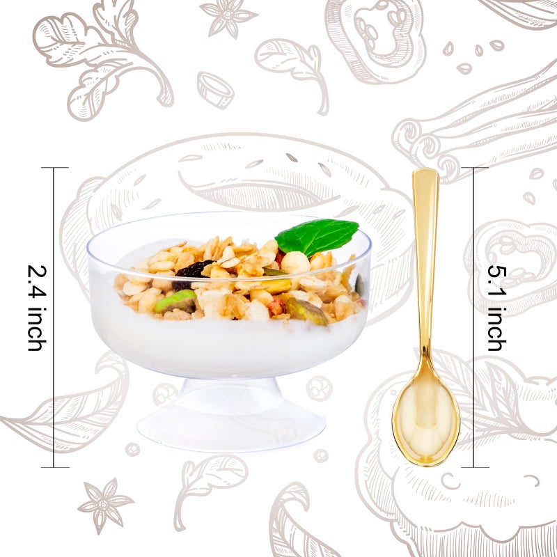 WDF 7oz Clear Dessert Cups Disposable - 96 Pack Dessert Cups With Mini Gold Spoons Plastic Parfait Cups Medium to Large 48 Ice Cream Plastic Cups & 48 Gold Tasting Spoons for Weddings & Party - Image 3