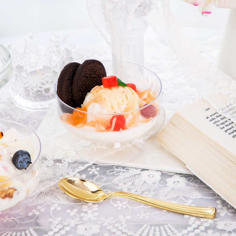 WDF 7oz Clear Dessert Cups Disposable - 96 Pack Dessert Cups With Mini Gold Spoons Plastic Parfait Cups Medium to Large 48 Ice Cream Plastic Cups & 48 Gold Tasting Spoons for Weddings & Party - Image 4