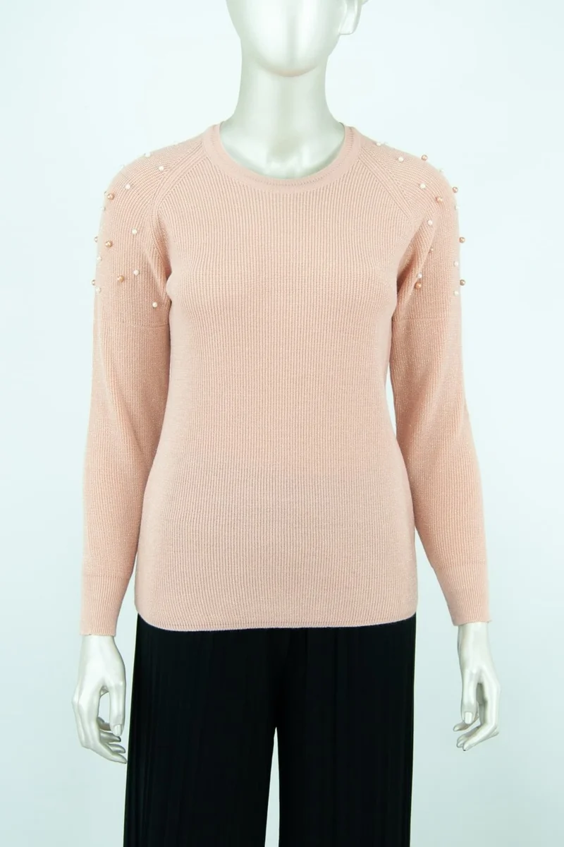 Oppland Women's Winter Bead Pattern Long Sleeve Round Neck Lycra Glittery Yarn Cotton Woven Knitwear Sweater
