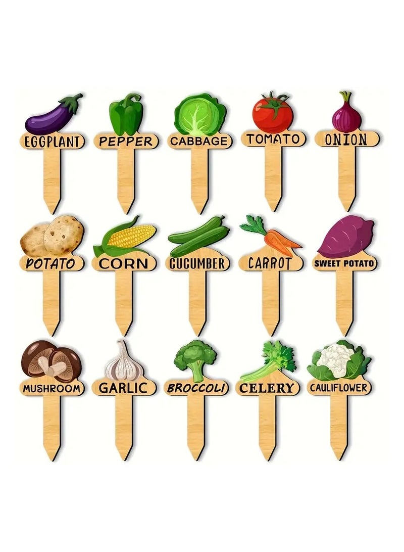Generic 15pcs plant name tags, 15pcs vegetable names and patterns, garden tags, vegetable seedlings, potted plants, wooden T-shaped plant tags, garden stake tags  - Image 1